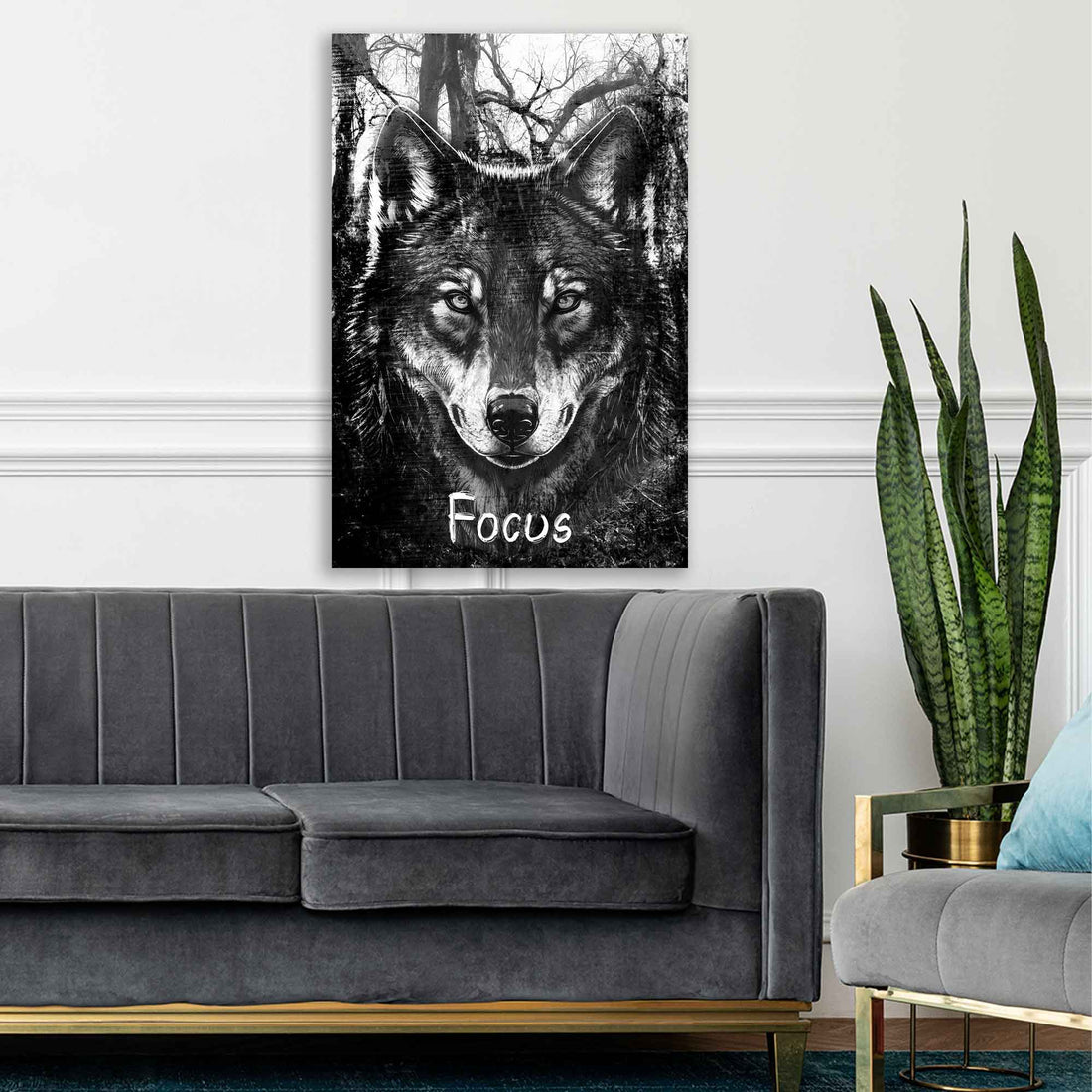 Wandbild Motivation Wolf schwarz weiß