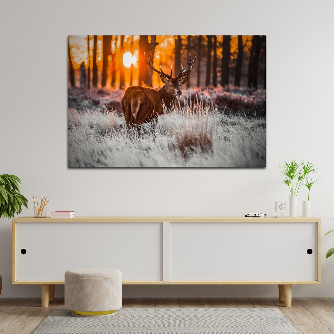 Wandbild abstrakt mit Hirsch und Natur, Winter