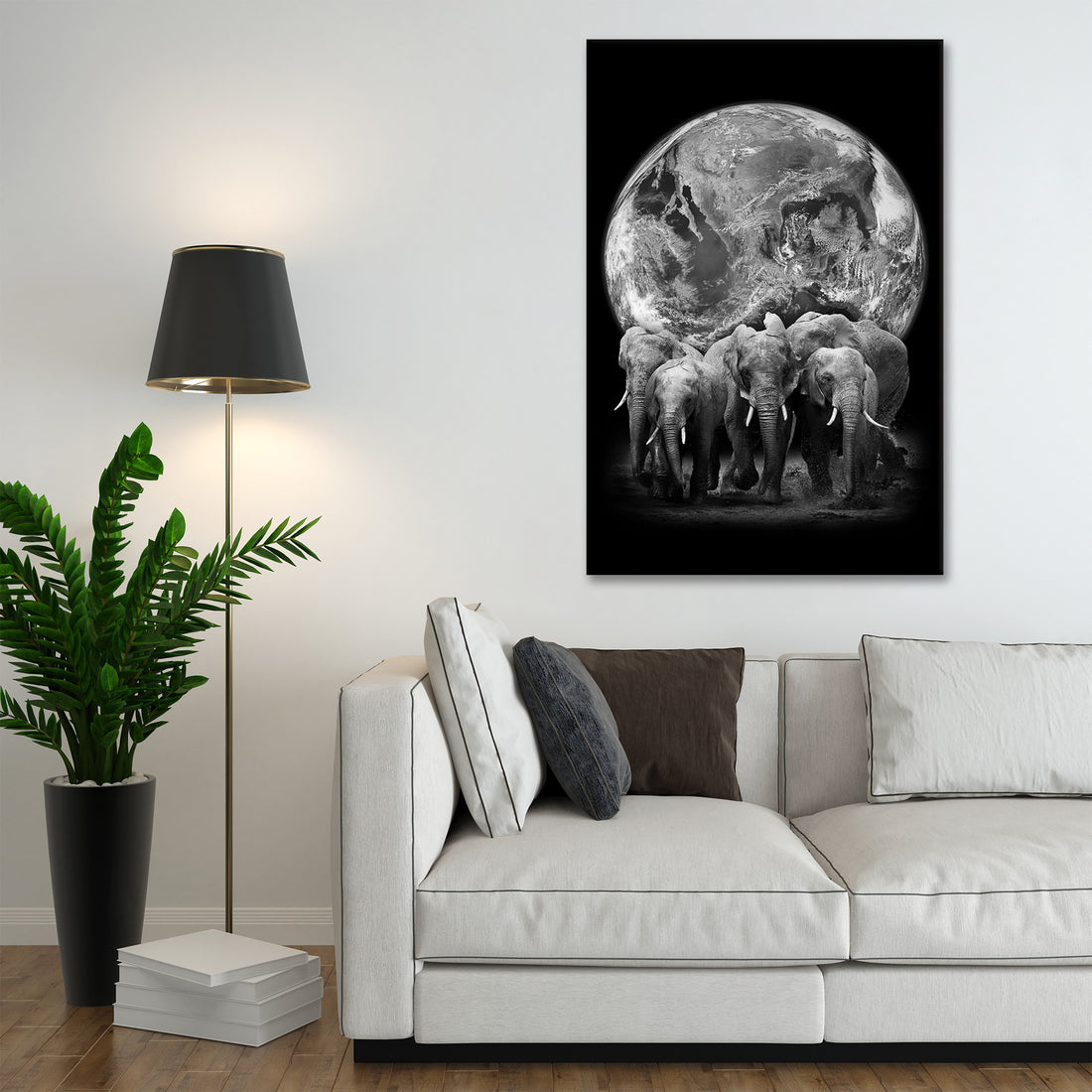Wandbild abstrakte Kunst, Elefanten The World, schwarz weiß