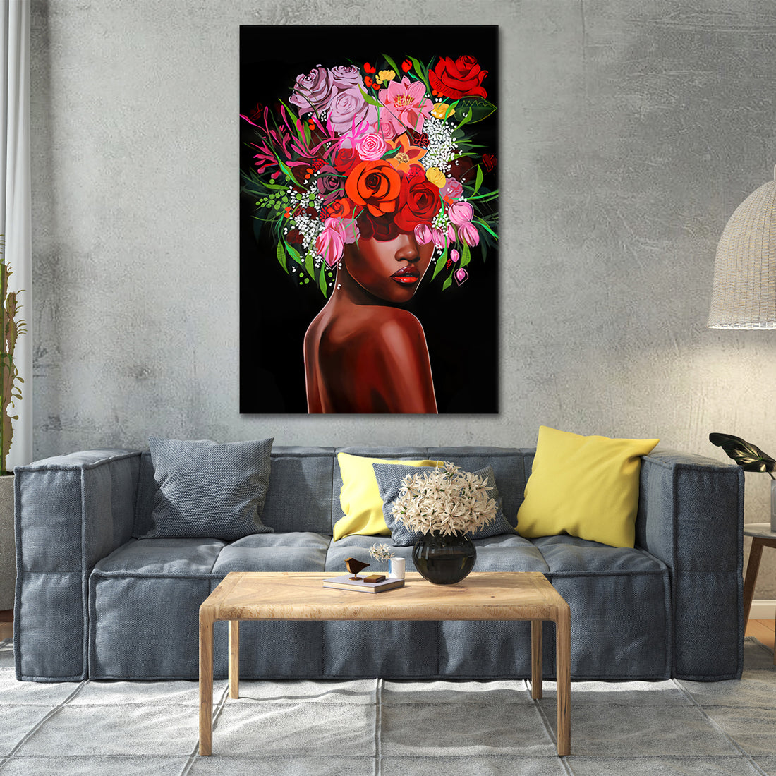 Wandbild  afrikanische Frau Flower Bouquet