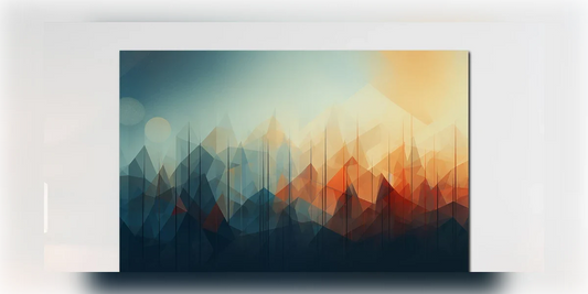 Abstraktes Wandbild mit Berglinien in Petrol und Orange an einer hellen Wohnzimmerwand (Raumvisualisierung)