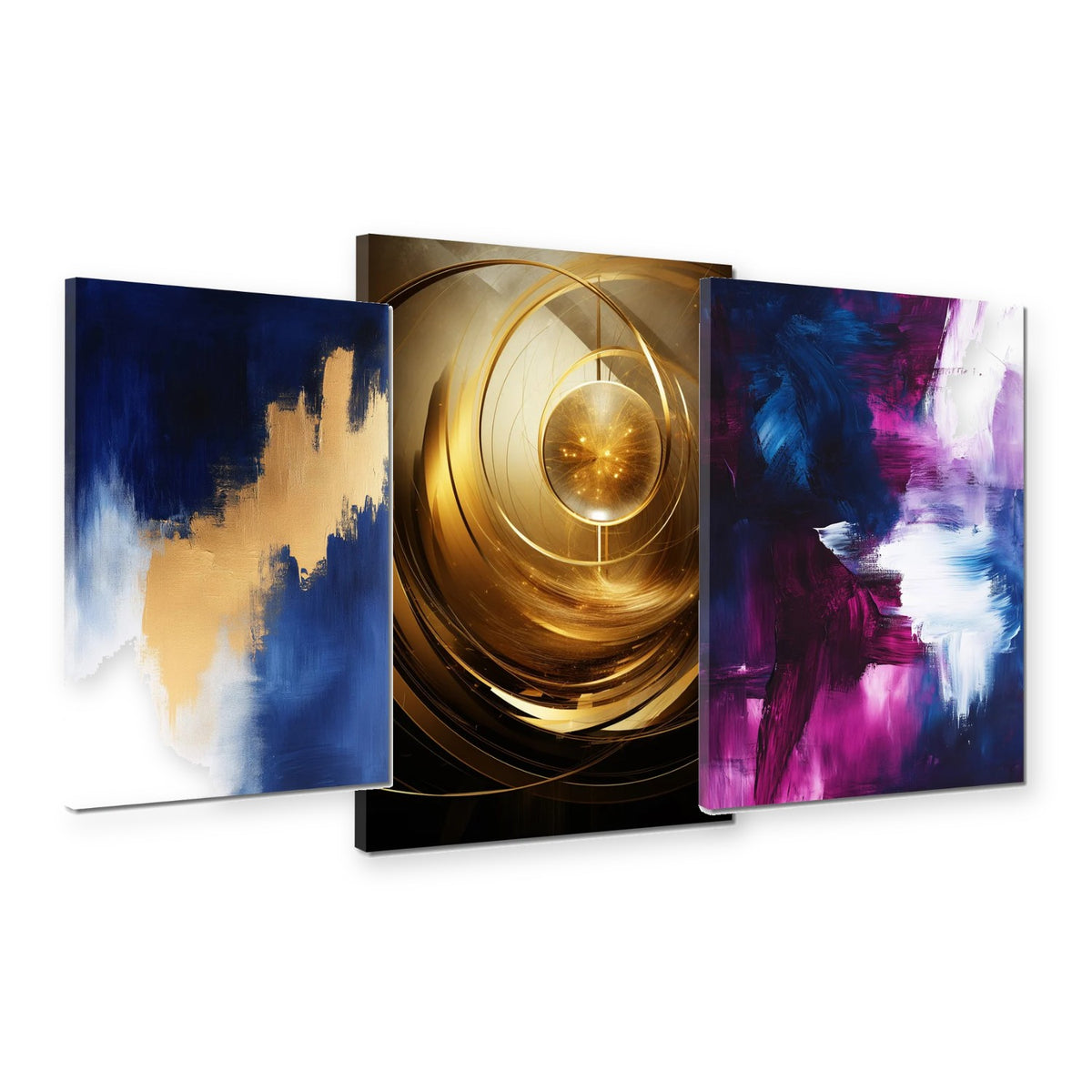 3er-Set Blau & Gold – drei Leinwandbilder
