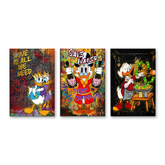3er-Set Comic Duck Pop Art – drei Leinwandbilder