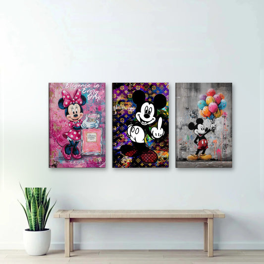 3er-Set Comic Maus Street Art nebeneinander an der Wand