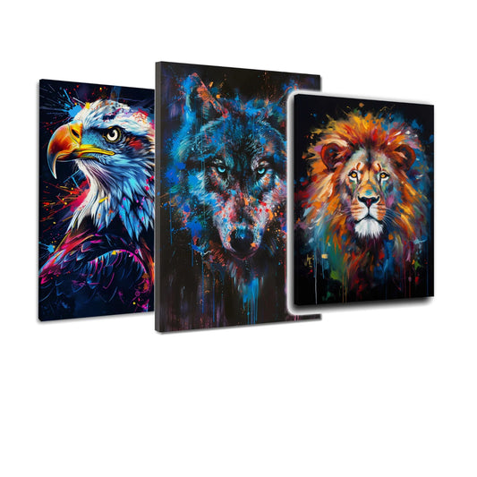 3er-Set Farbexplosion Wildtiere – drei Leinwandbilder