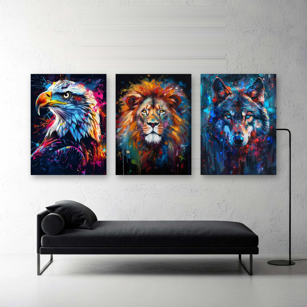 3er-Set Farbexplosion Wildtiere nebeneinander im Wohnzimmer
