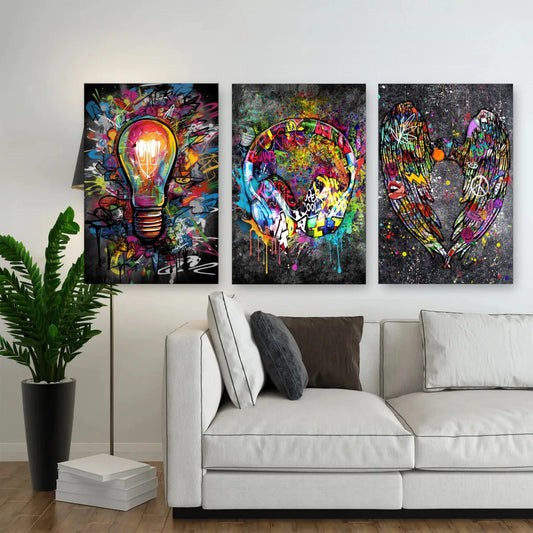 3er-Set Graffiti Lifestyle nebeneinander im Wohnzimmer
