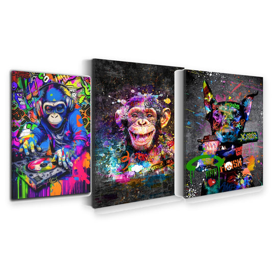 3er-Set Graffiti Tiere – drei Leinwandbilder