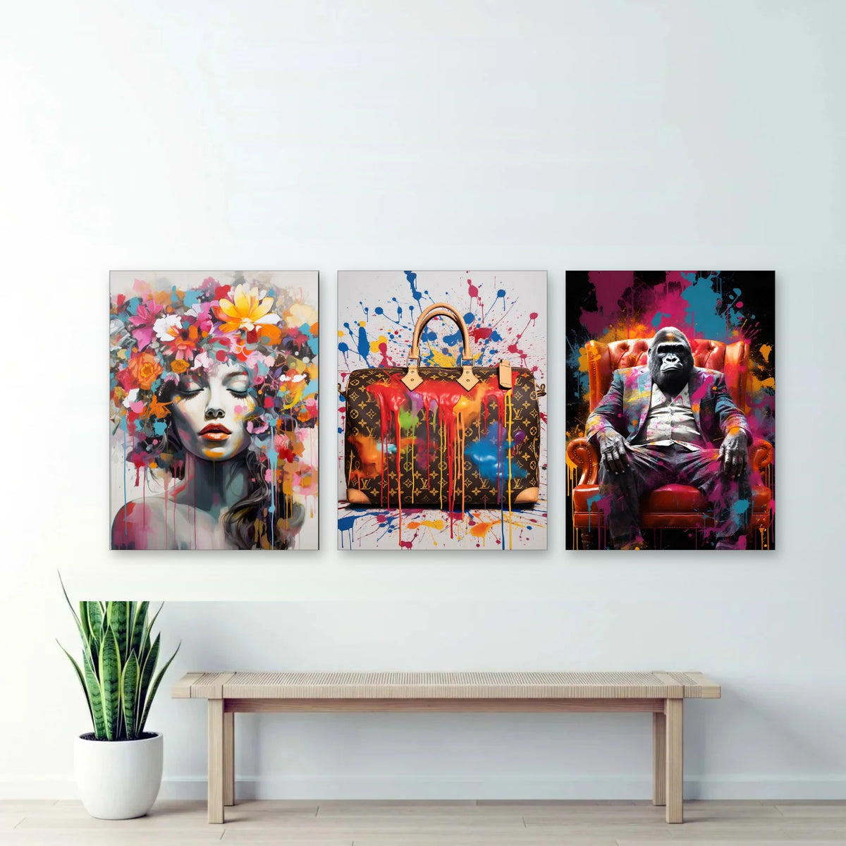 3er-Set Luxus Pop Art nebeneinander im Wohnzimmer