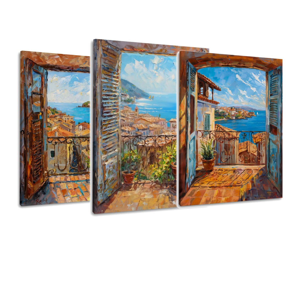 3er-Set Mediterraner Meerblick – drei Leinwandbilder
