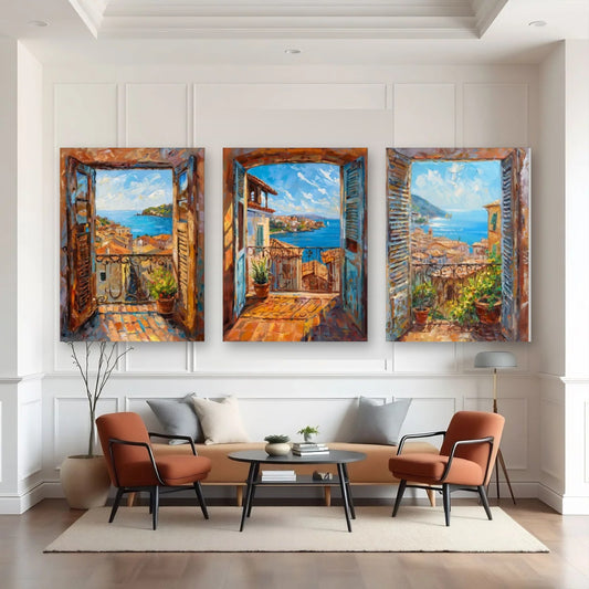 3er-Set Mediterraner Meerblick nebeneinander im Wohnzimmer