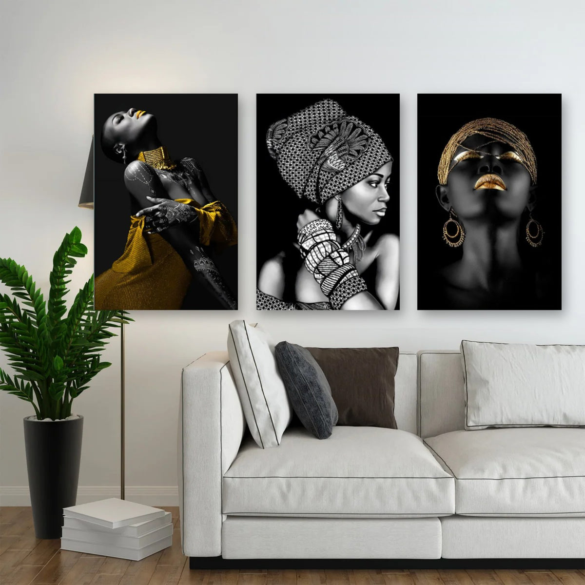 3er-Set Schwarz & Gold nebeneinander im Wohnzimmer