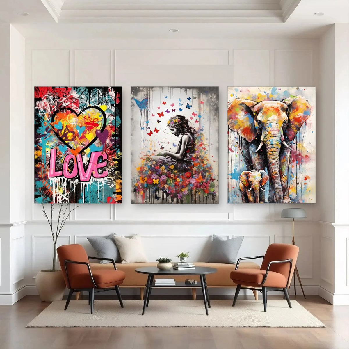 3er-Set Street Art Liebe nebeneinander im Wohnzimmer