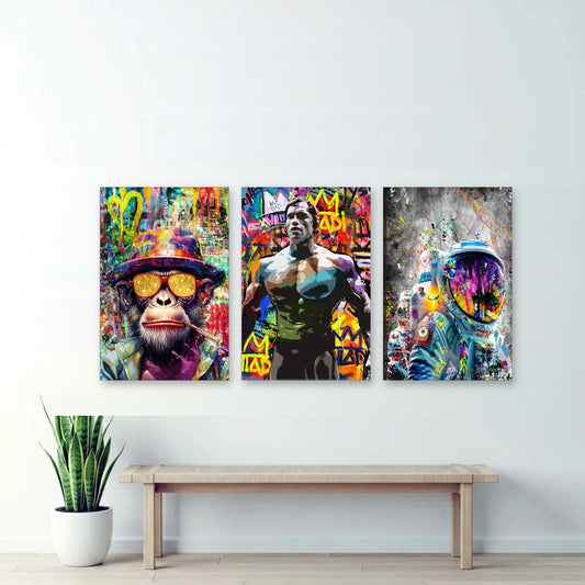 3er-Set Street Art Pop nebeneinander im Wohnzimmer