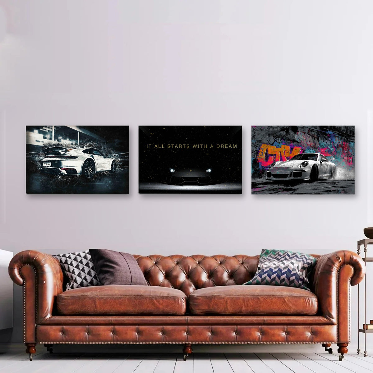 3er-Set Traumwagen nebeneinander an der Wand
