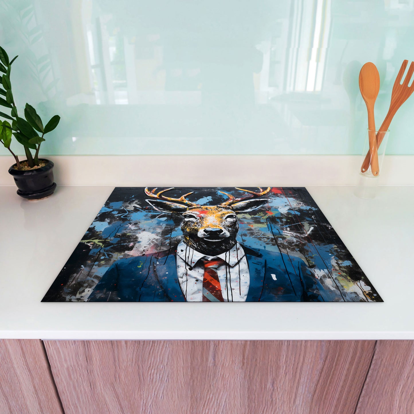 Abstrakt Hirsch im Anzug Herdabdeckplatte Induktionsschutz für Ceranfeld & Küche Deko