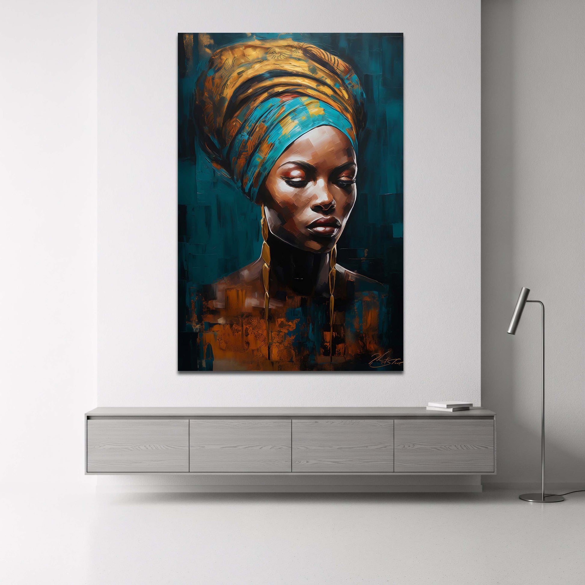 Afrikanische Frau mit Turban in Gold und Türkis Wandbild 3