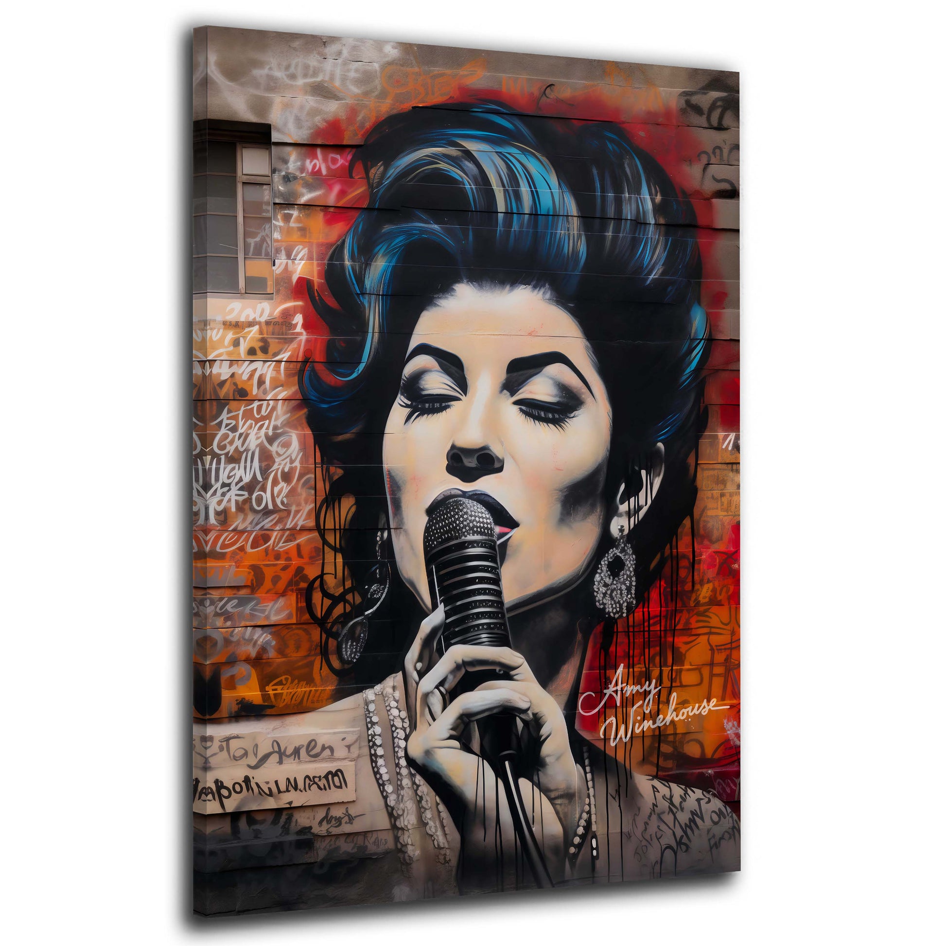 Sängerin Amy mit Mikrofon als Street Art Graffiti Wandbild 1