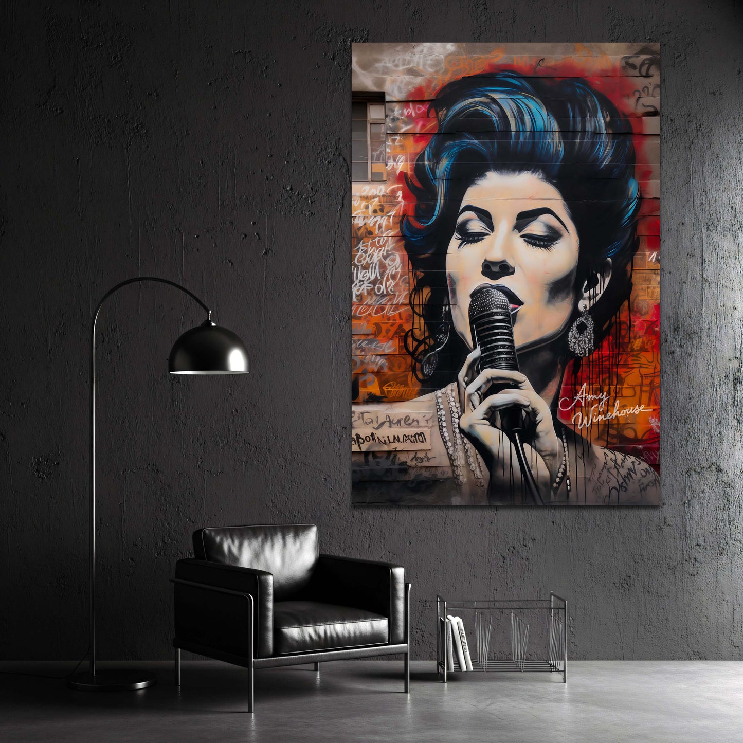 Sängerin Amy mit Mikrofon als Street Art Graffiti Wandbild 3