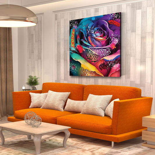 Wandbild Bunte Rose mit Graffiti Elementen