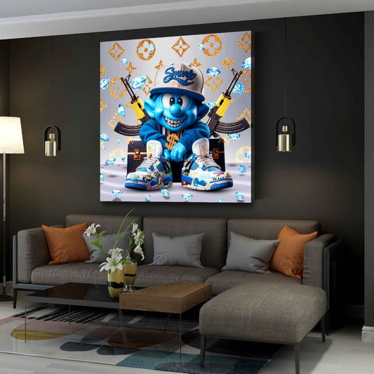 Wandbild Comic Figur blau Reichtum Luxus Diamanten modern