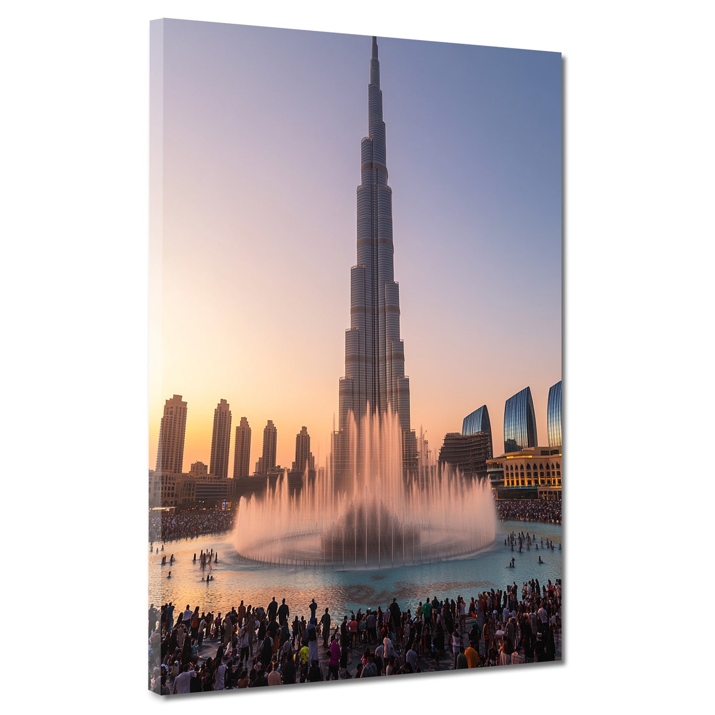 Wandbild Dubai Burj Khalifa mit Wasserfontäne bei Sonnenuntergang