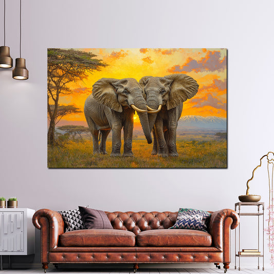Wandbild Elefantenpaar im Sonnenuntergang Afrika