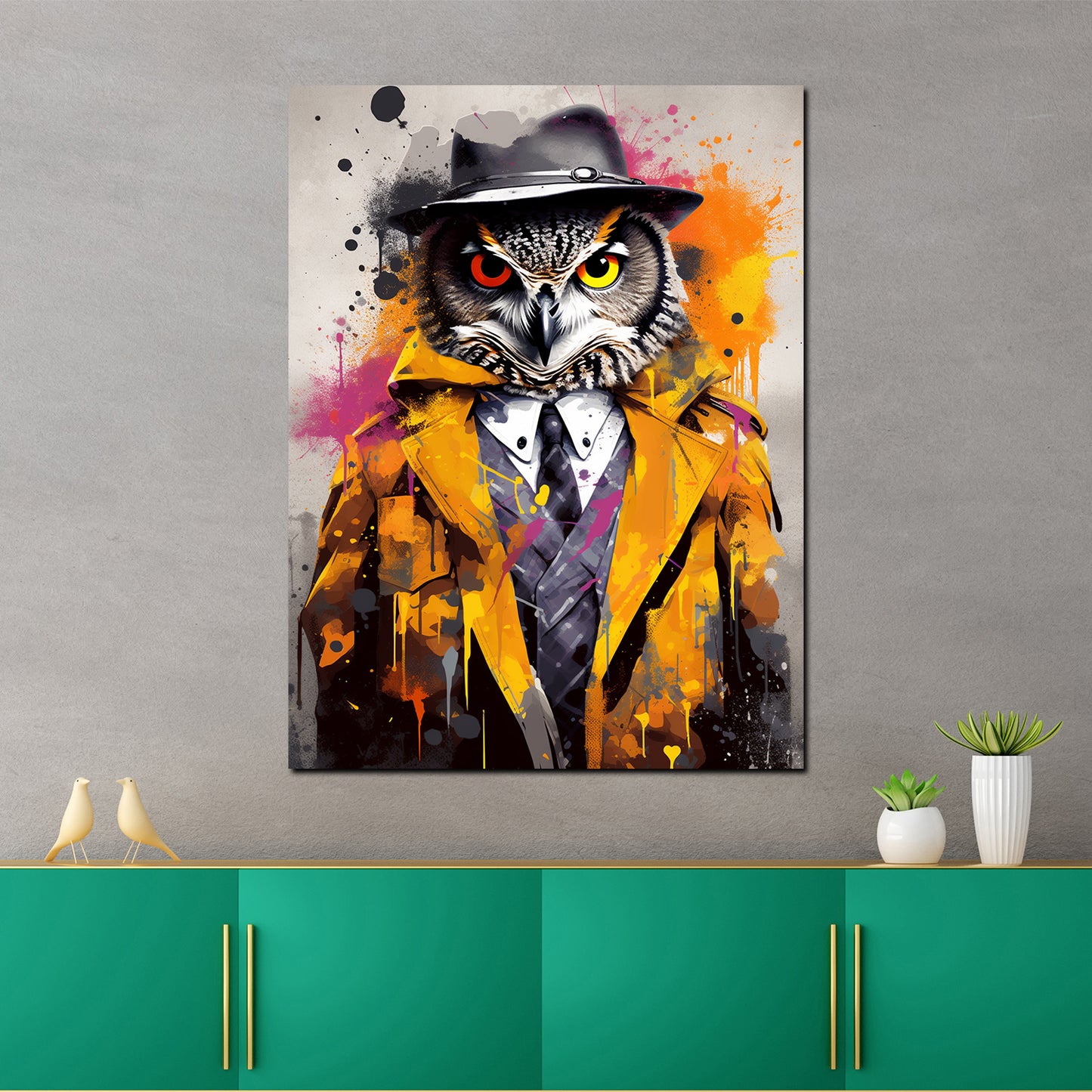 Wandbild Eule im Anzug mit gelben Mantel Pop Art