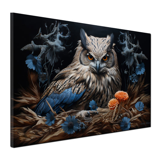 Wandbild Eule im Nest Blue Style