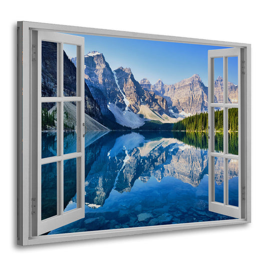 Wandbild Fensterblick auf Bergsee und Alpen Panorama