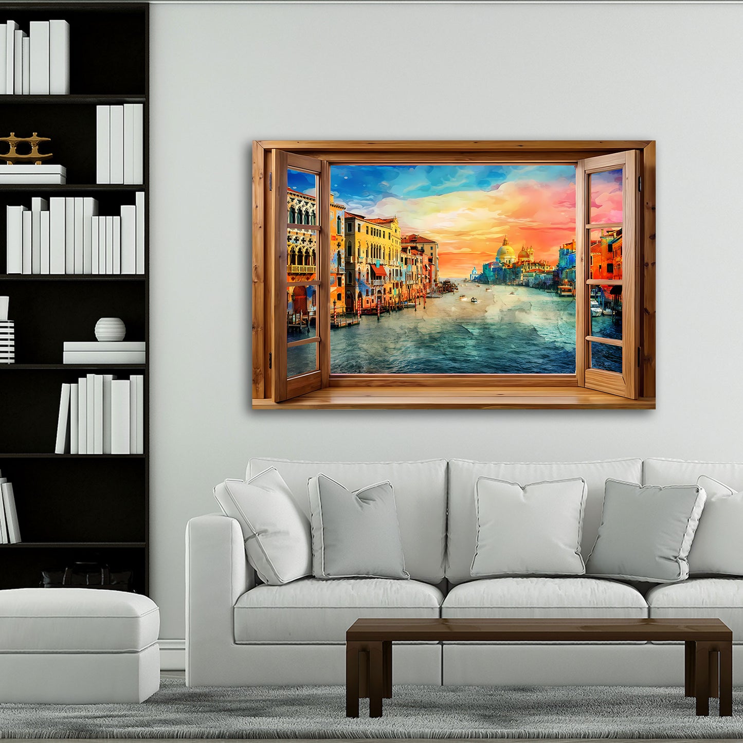 Wandbild Fensterblick auf Italien Venedig mit Canal Grande und Sonnenuntergang