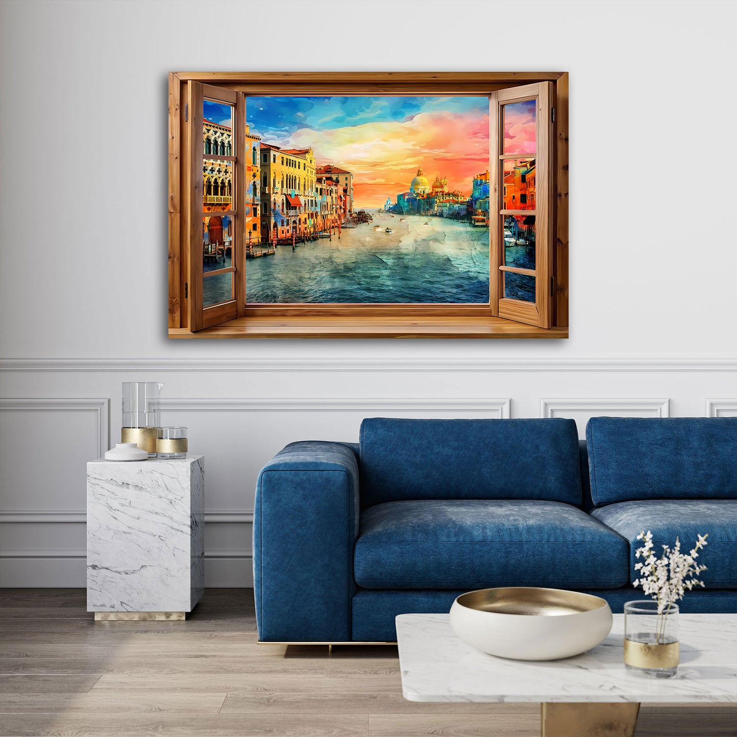 Wandbild Fensterblick auf Italien Venedig mit Canal Grande und Sonnenuntergang