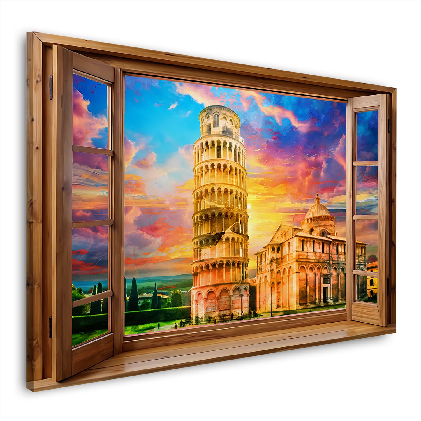 Wandbild Fensterblick auf Pisa Italien mit schiefem Turm und Sonnenuntergang