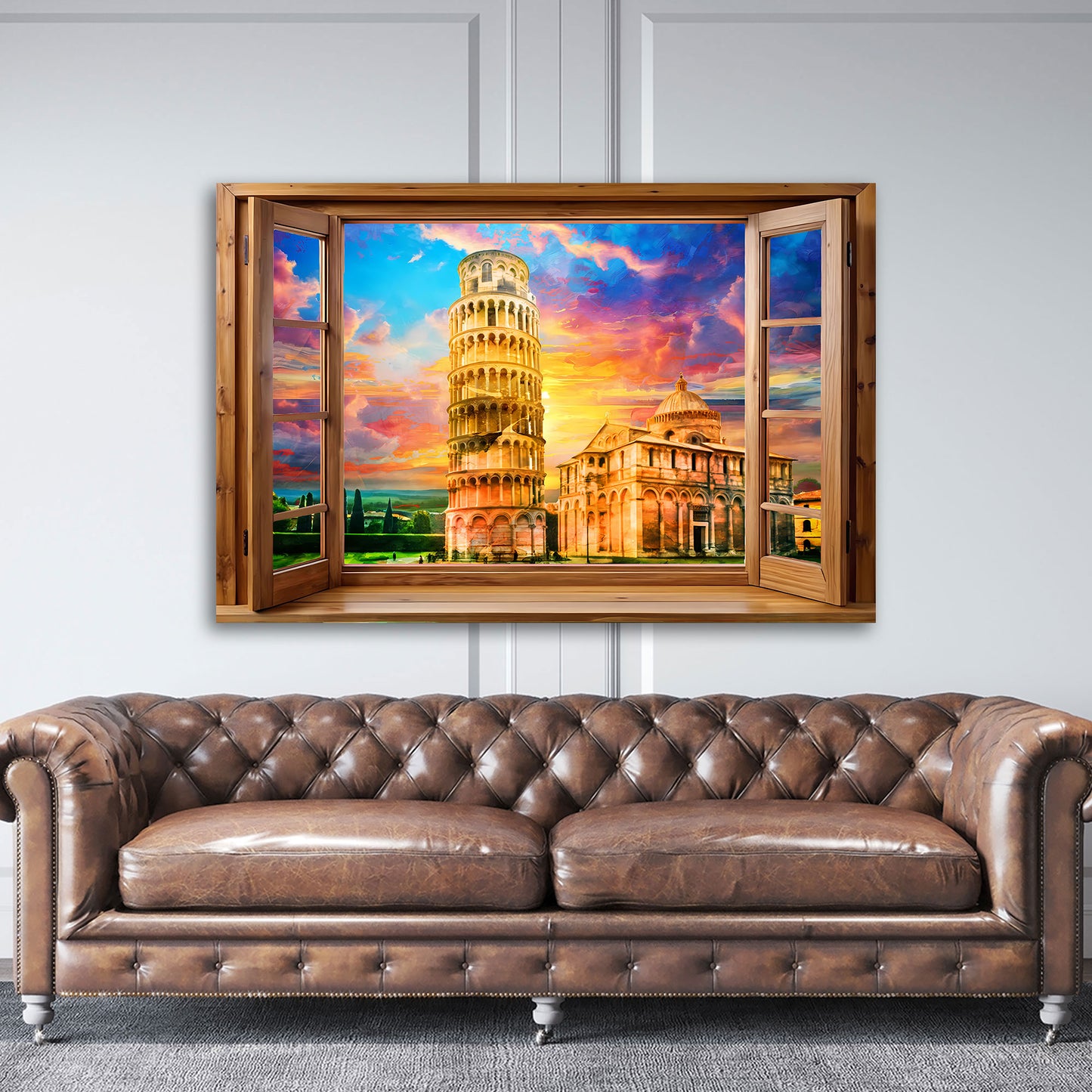 Wandbild Fensterblick auf Pisa Italien mit schiefem Turm und Sonnenuntergang