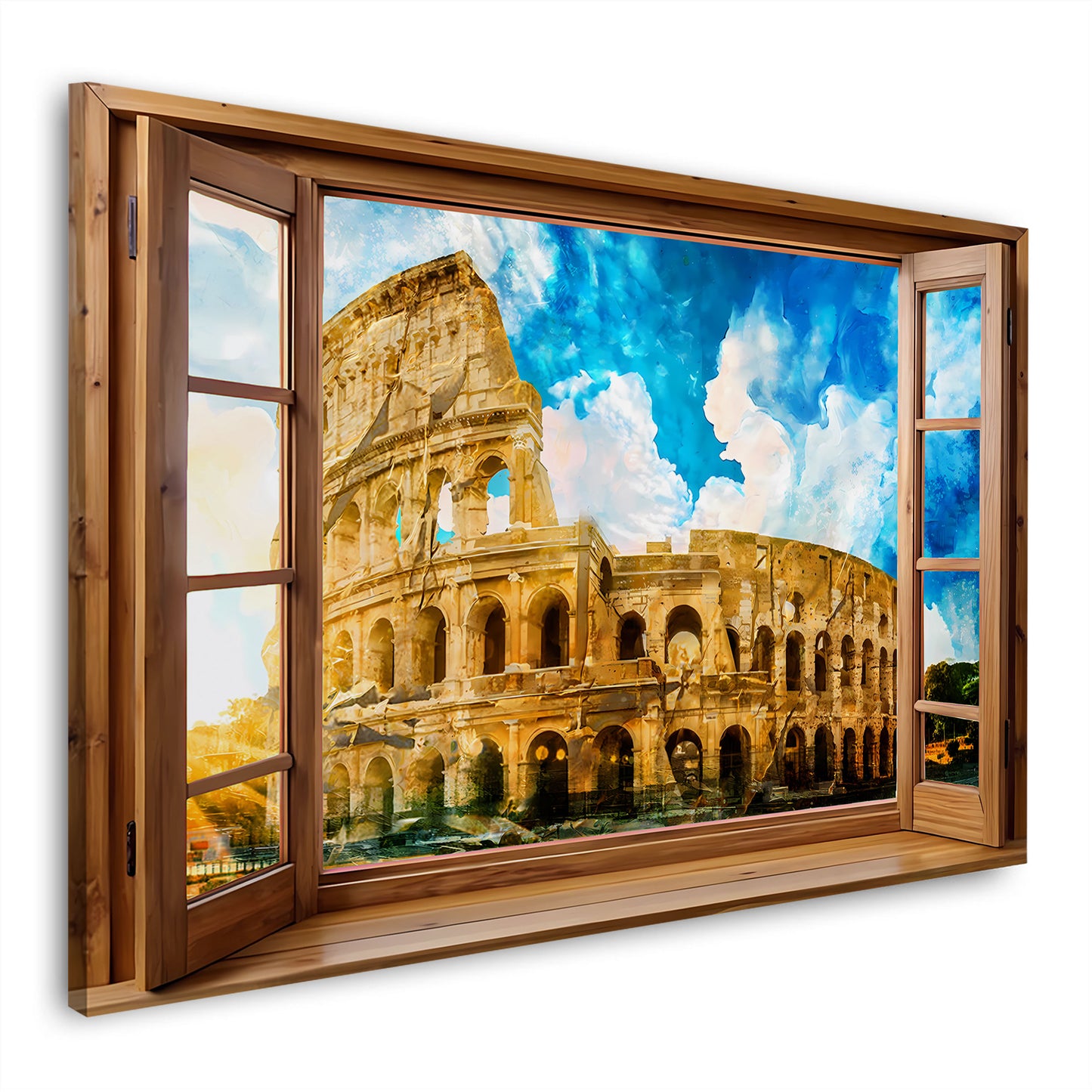 Wandbild Fensterblick auf das Kolosseum in Rom Italien mit blauem Himmel