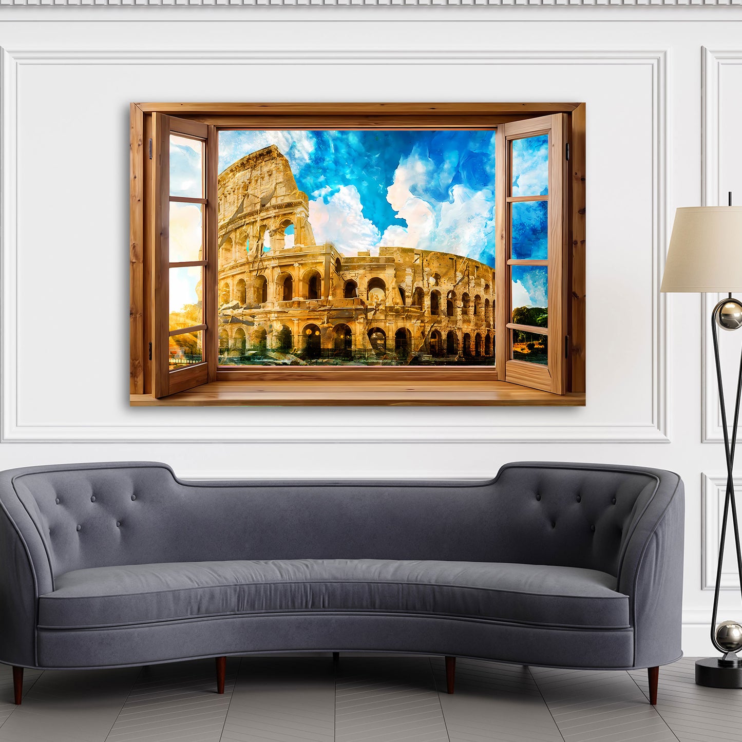 Wandbild Fensterblick auf das Kolosseum in Rom Italien mit blauem Himmel