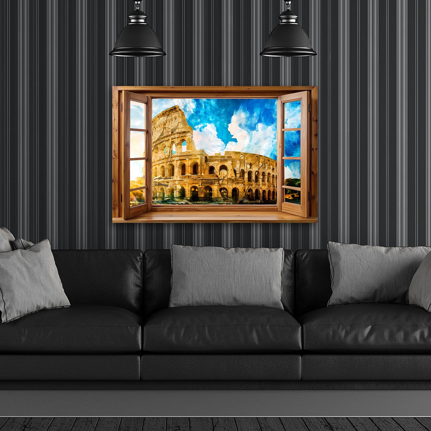 Wandbild Fensterblick auf das Kolosseum in Rom Italien mit blauem Himmel