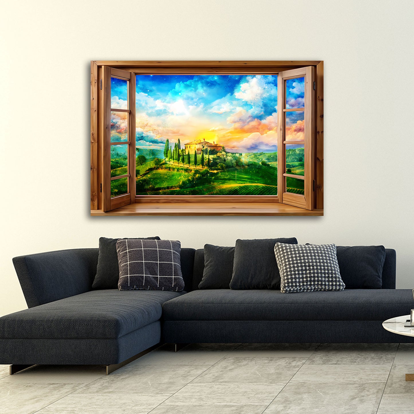 Wandbild Fensterblick auf die Toskana Italien mit Sonnenuntergang und Villa