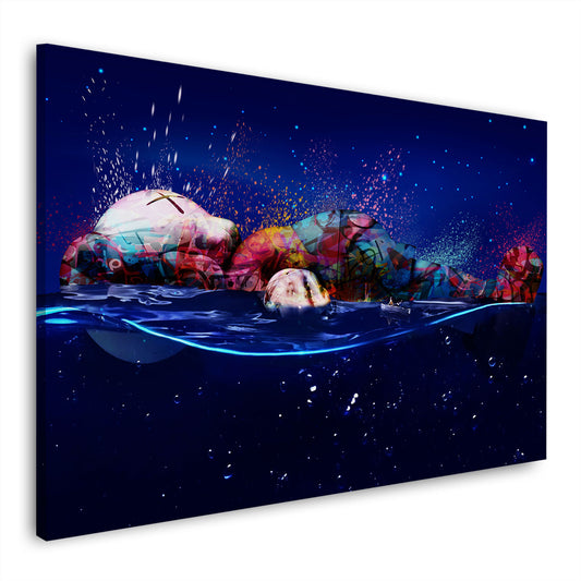 Wandbild Figur mit Graffiti Pop Art im Wasser und Nachthimmel