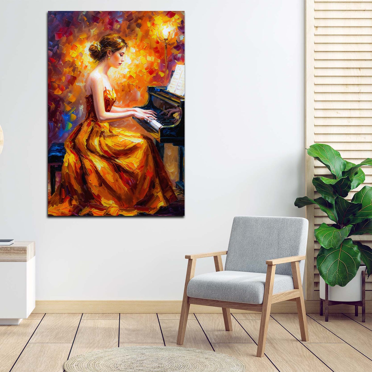 Wandbild Frau im Abendkleid am Klavier Musik farbenfroh modern