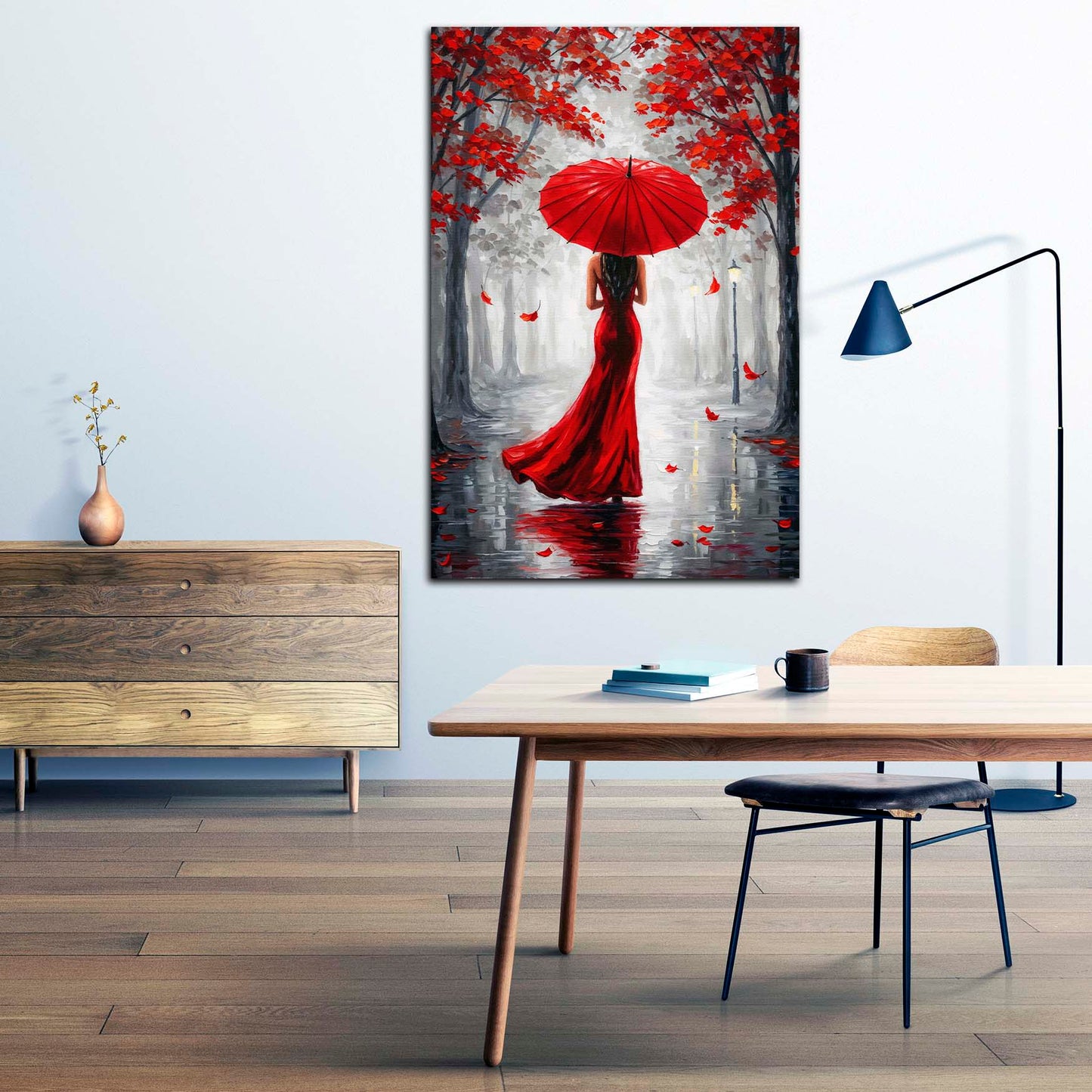 Wandbild Frau im roten Kleid Herbststimmung Regenschirm romantisch modern