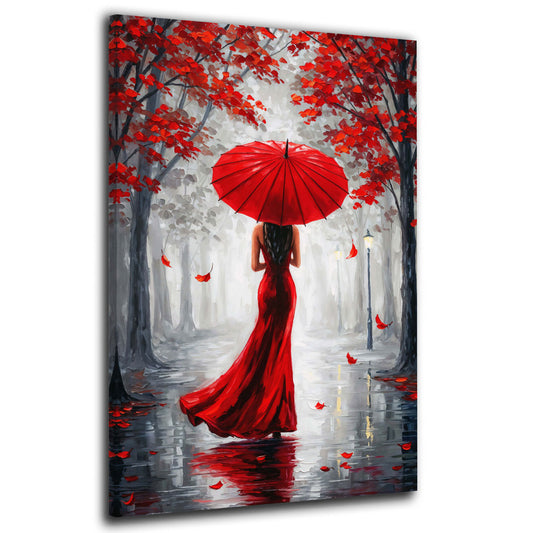 Wandbild Frau im roten Kleid Herbststimmung Regenschirm romantisch modern