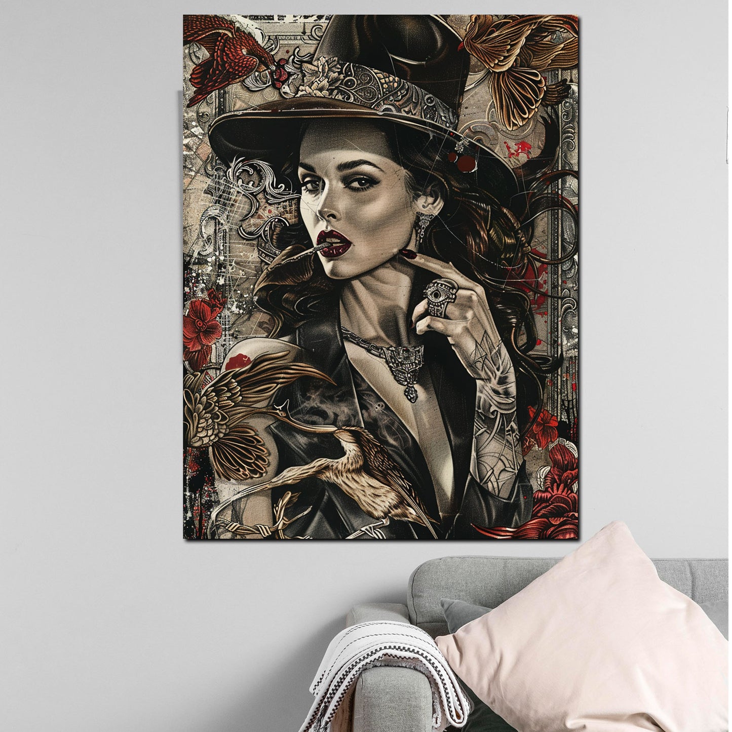 Wandbild Frau mit Hut Tattoo Kunst modern