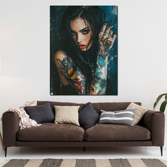Wandbild Frau mit Tattoos intensiv geheimnisvoll modern