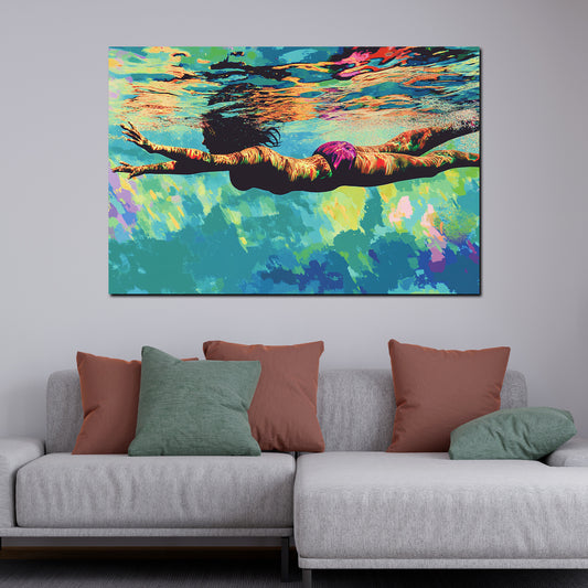 Wandbild Frau unter Wasser farbenfroh modern entspannend