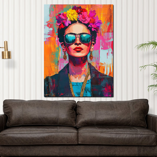 Wandbild Frida Portrait Pop Art mit Sonnenbrille und Blumenkranz