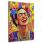 Wandbild Frida im Porträt mit Blumen und Lächeln abstrakt im Pop Art Stil