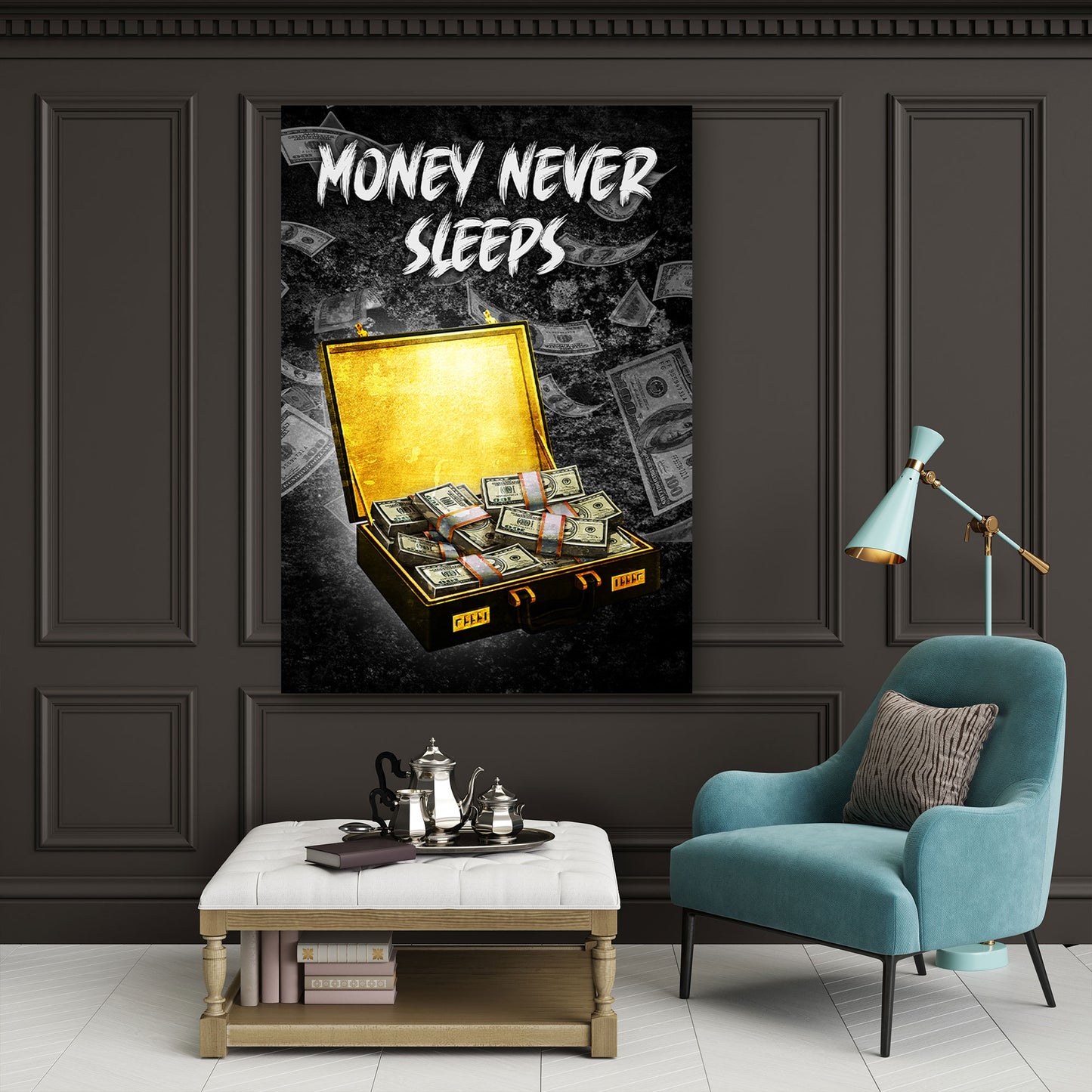 Wandbild Geldkoffer Motivation Money Never Sleeps