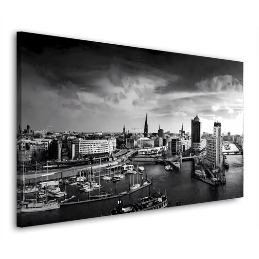 Wandbild Hamburg Skyline Hafen schwarz weiss