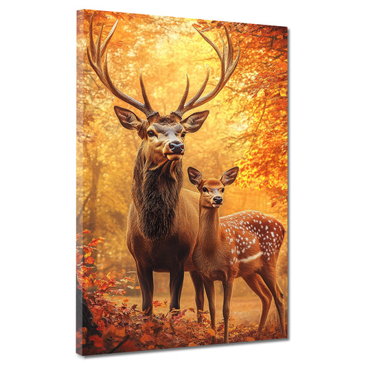 Wandbild Hirschpaar im Wald bei Herbststimmung